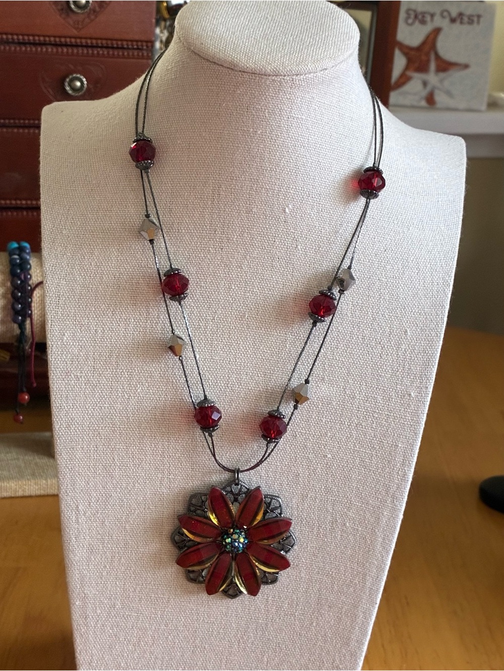 Floral Red Pendant Necklace with Beaded Double Strand - Unbranded